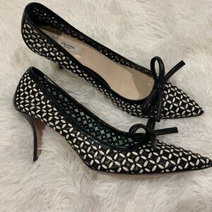 PRADA Bow Woven Pointy Toe Leather Pumps